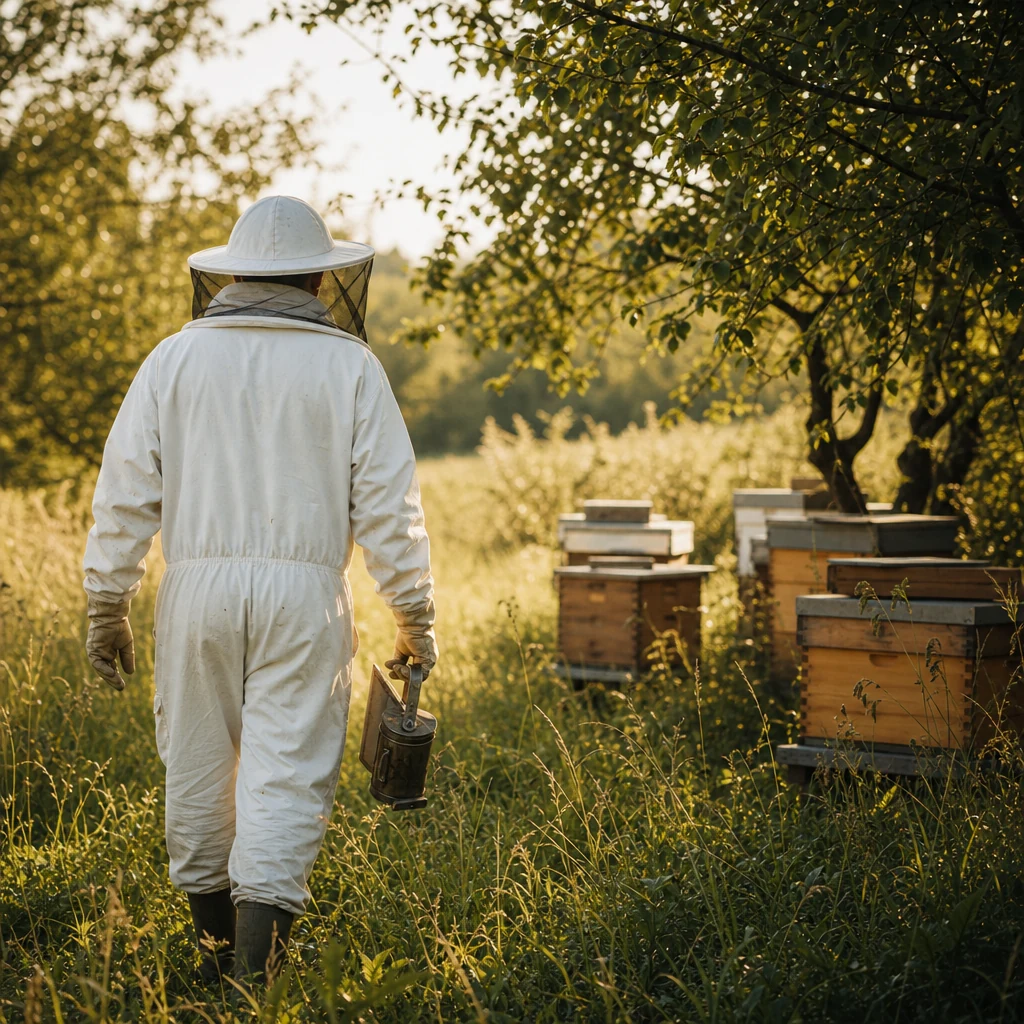 Beekeeper in a white protective suit seen from behind, walking towards the hives