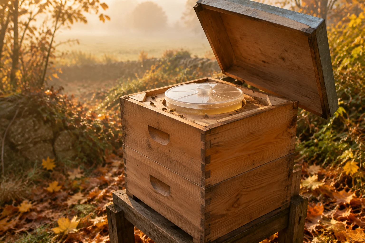 Wooden hive in autumn light with fallen leaves and a feeder on the crownboard