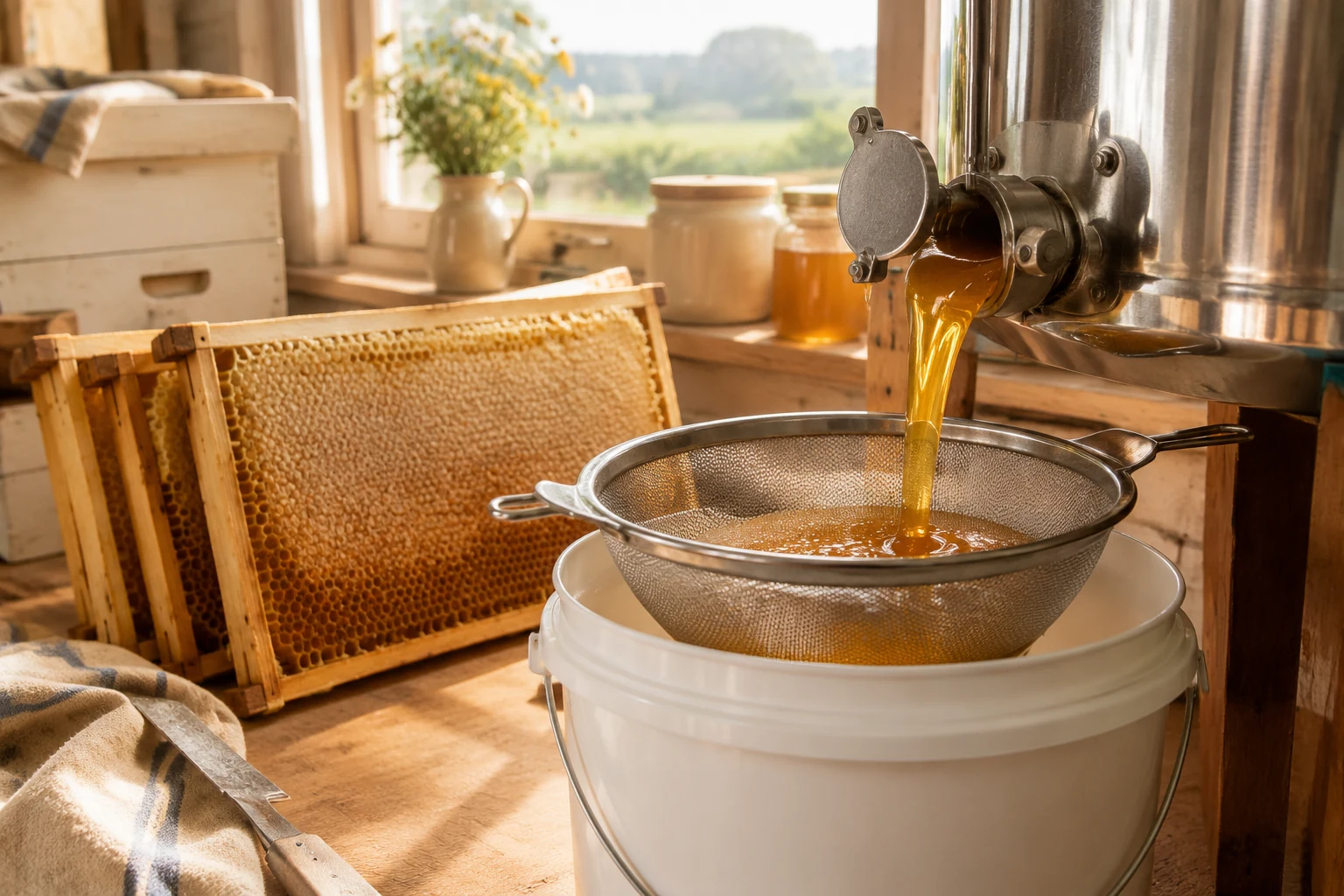 Honey flowing from an extractor tap through a strainer into a bucket