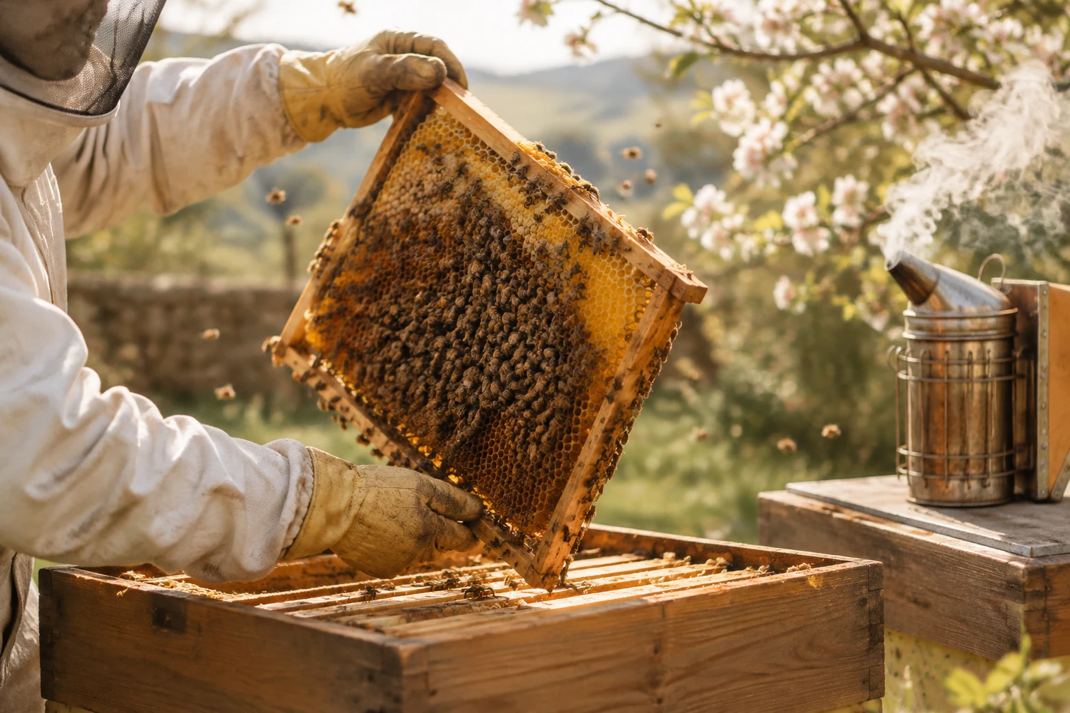 Gloved hands lifting a frame covered in bees out of an open hive