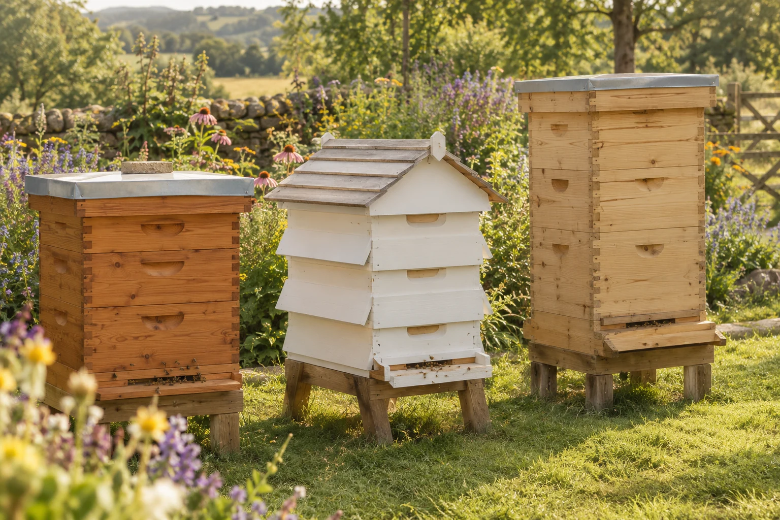 Three different wooden beehives side by side in a garden apiary