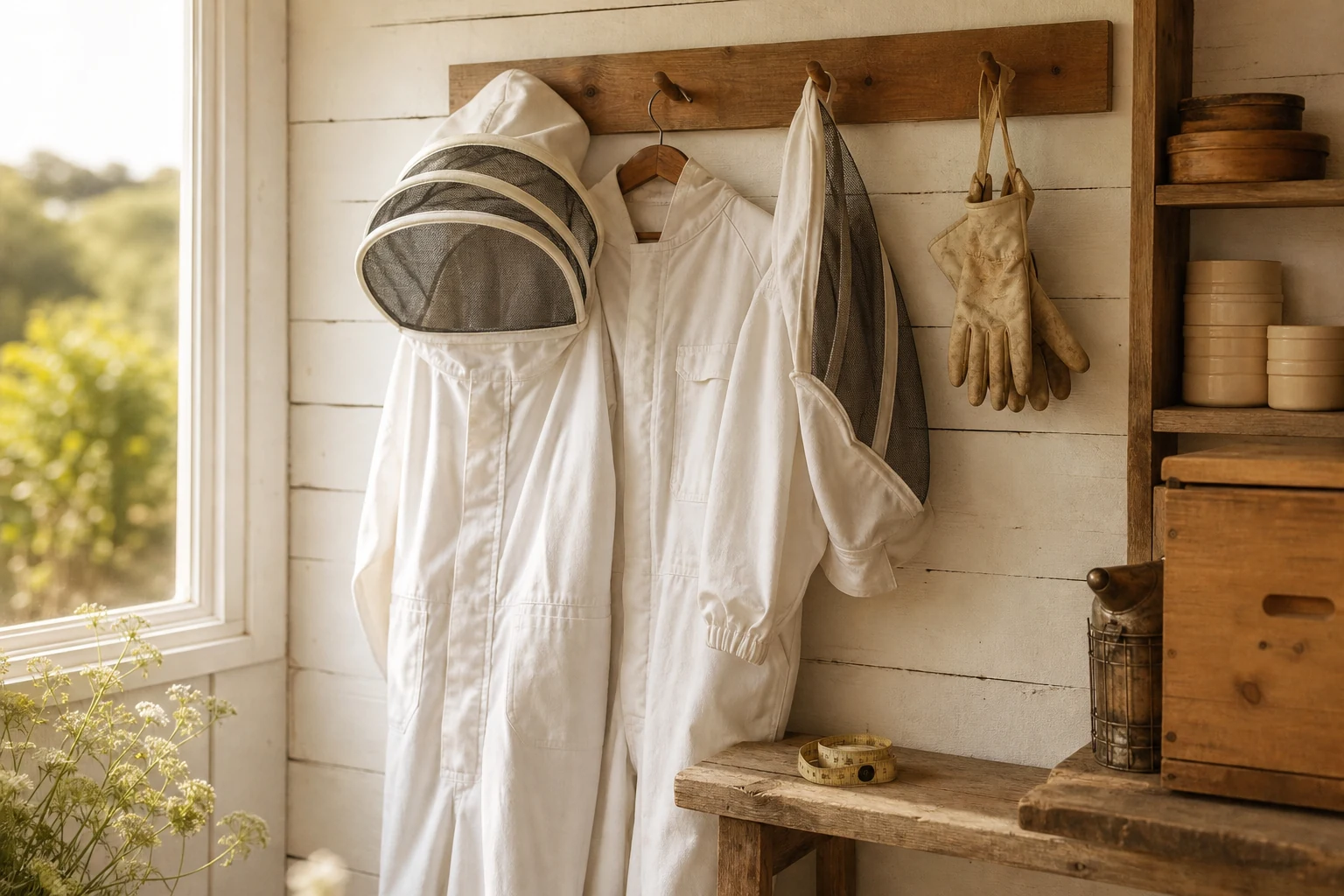 Bee suit, veil jacket and gloves hanging on a wooden peg rail