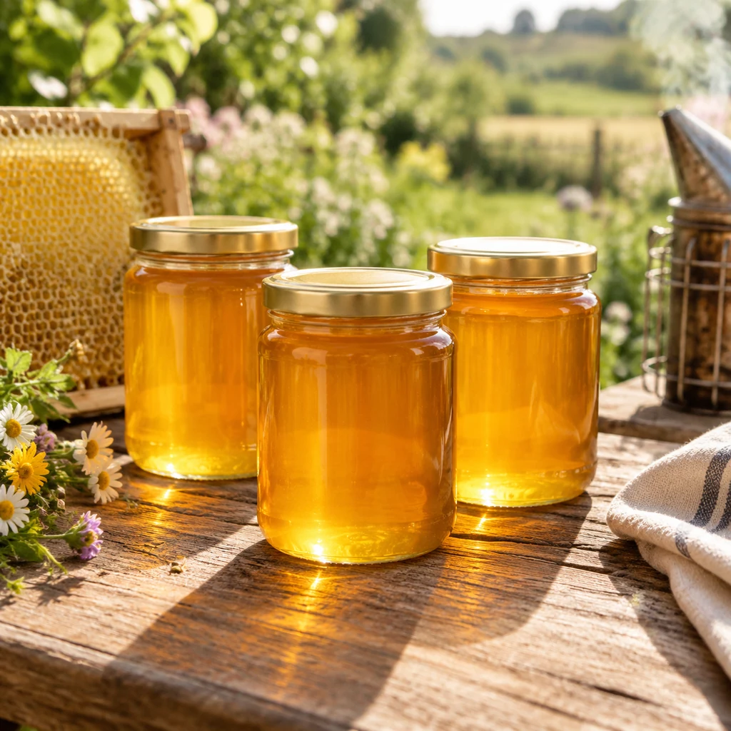 Glass jars of golden honey glowing in the sun