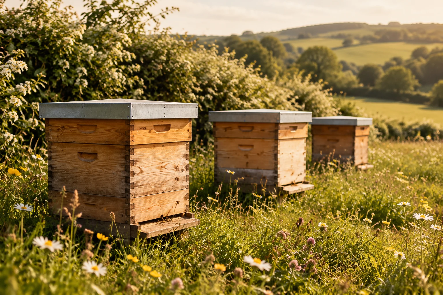 Wooden beehives standing in an English meadow full of wildflowers