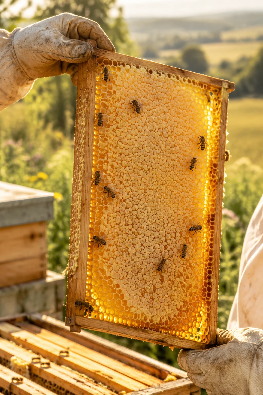 Close-up of a wooden frame filled with capped golden honeycomb
