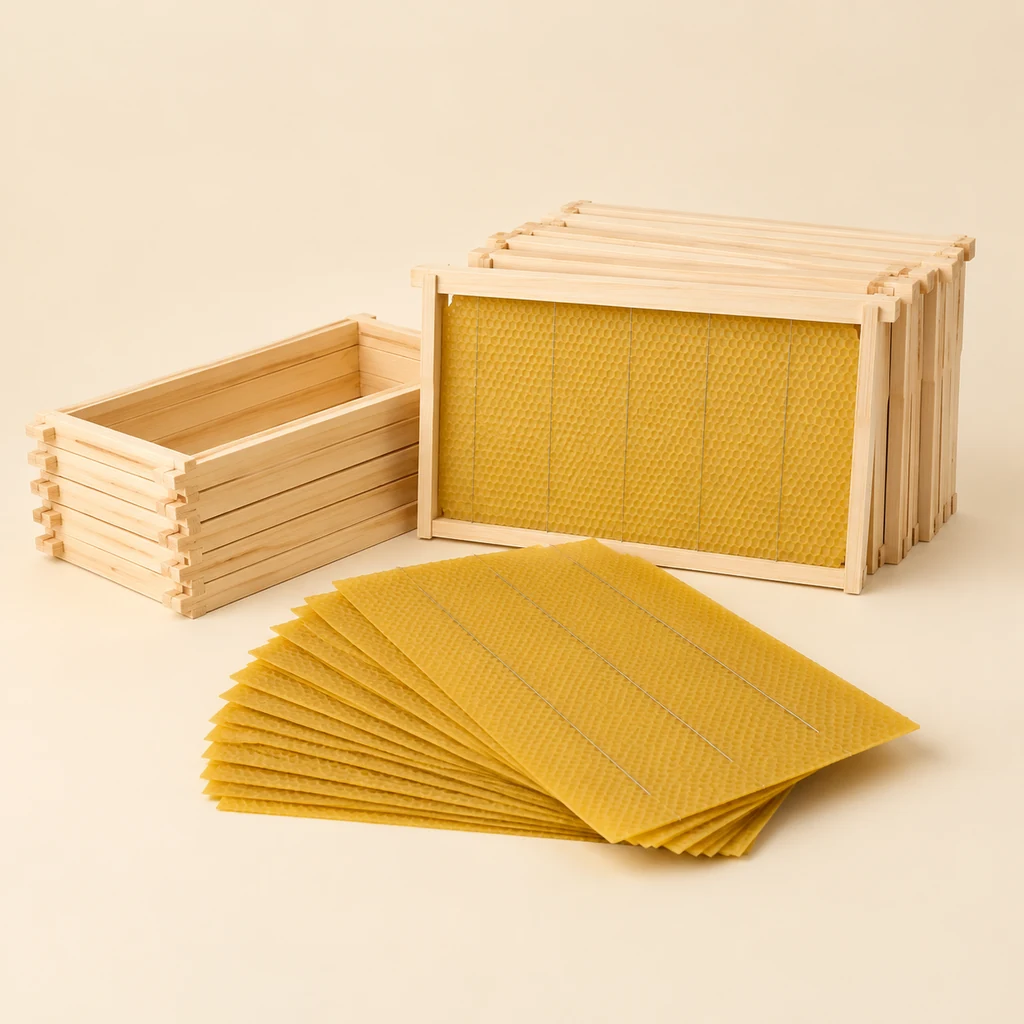 Wooden hive frames stacked beside sheets of beeswax foundation