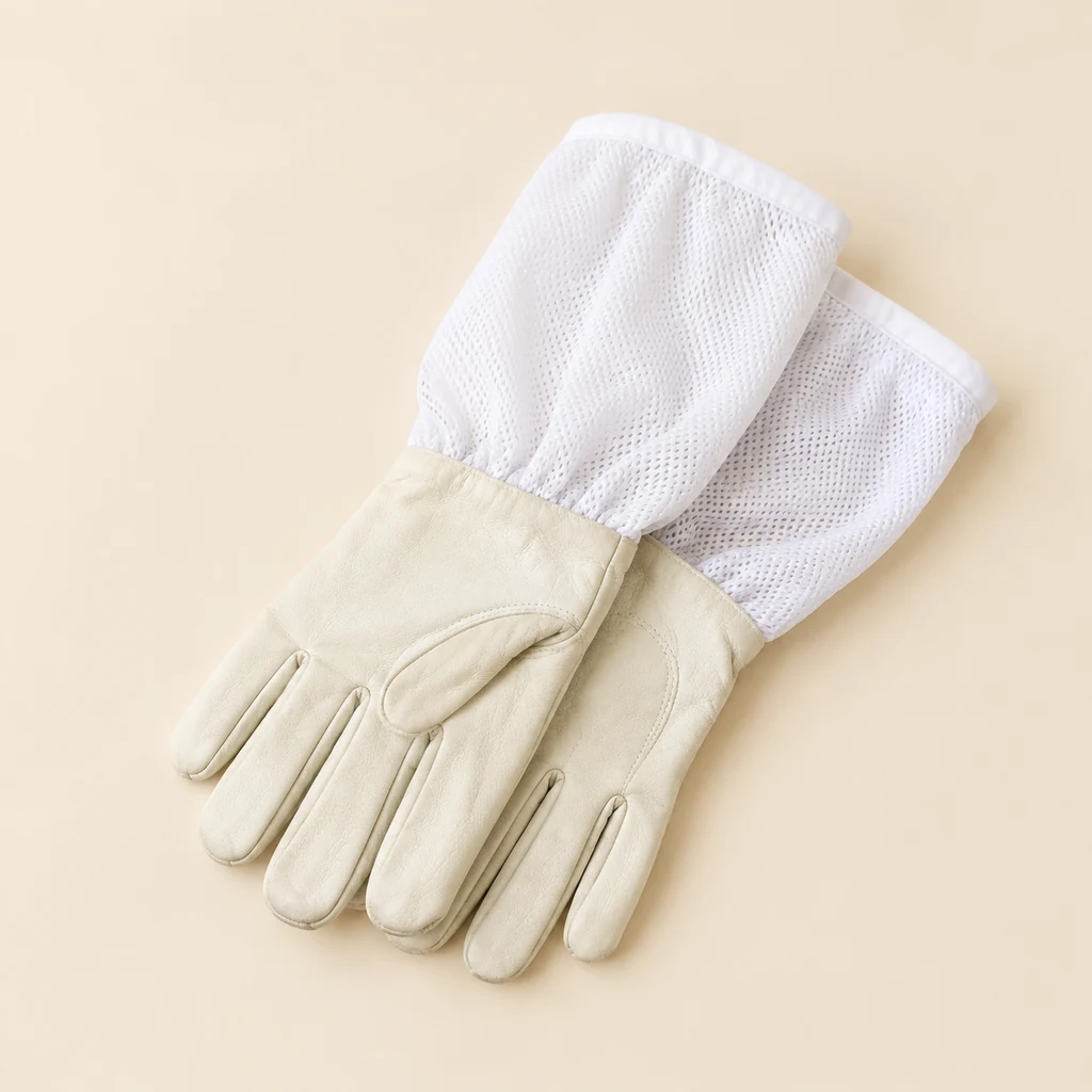 Pair of soft leather beekeeping gloves with long cotton cuffs