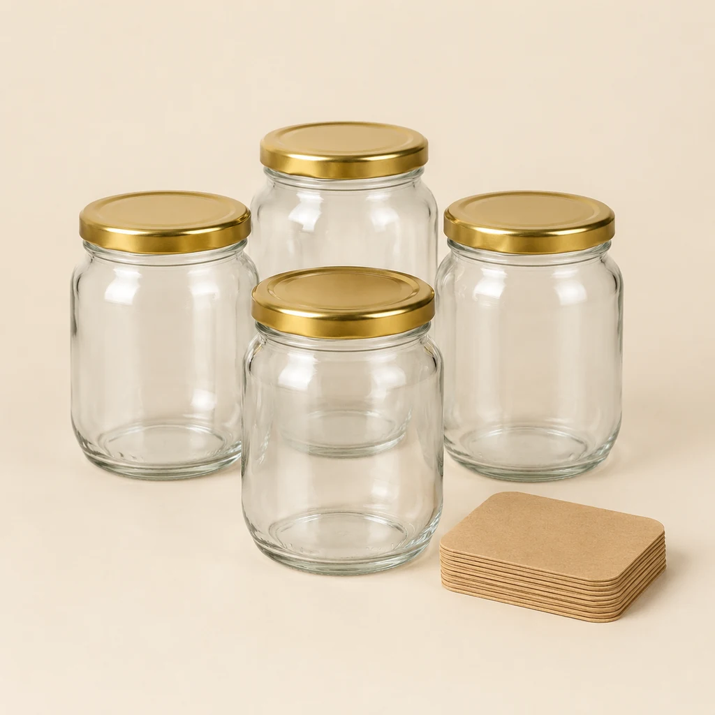 Empty round glass honey jars with gold lids and plain kraft labels
