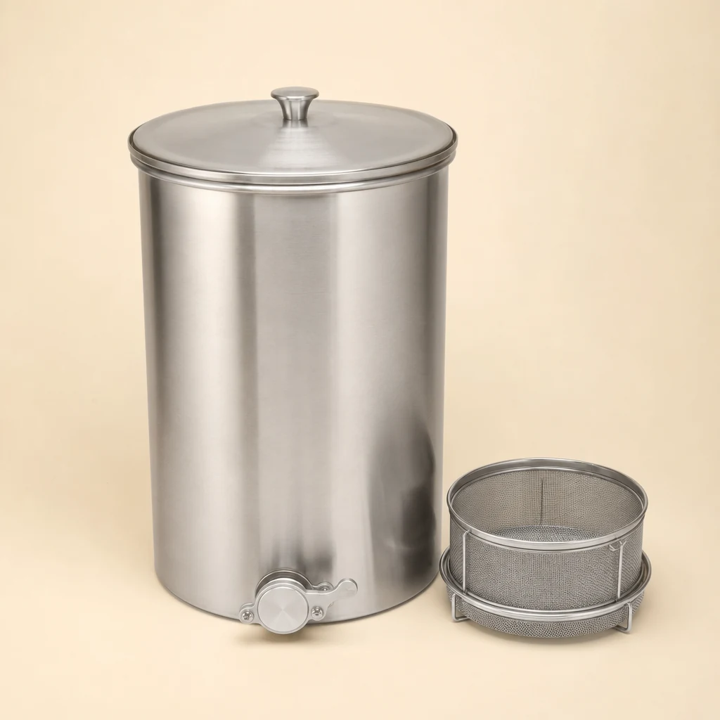 Stainless steel honey settling tank with tap and a double mesh strainer