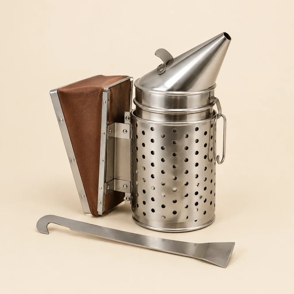 Stainless steel bee smoker with bellows next to a J-hook hive tool