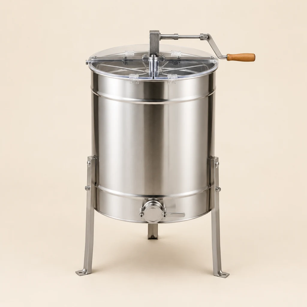 Stainless steel manual honey extractor drum on legs with hand crank