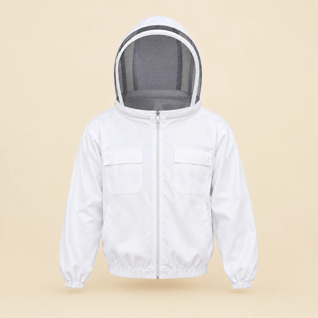 Beekeeping jacket with attached fencing veil hood