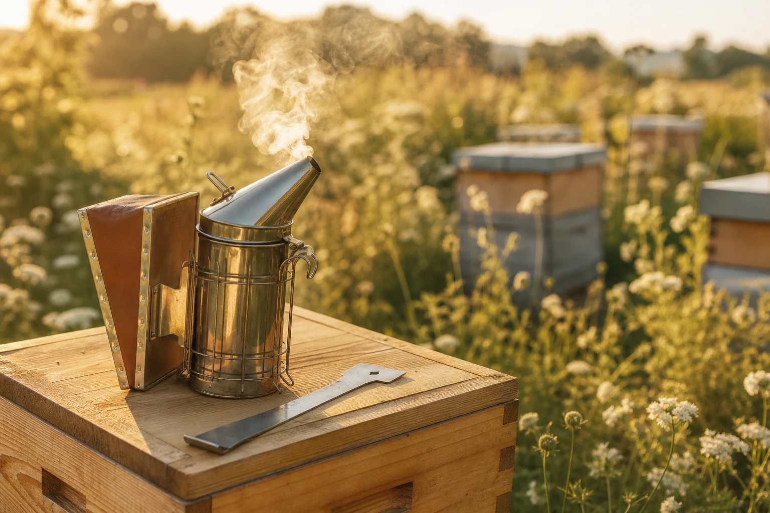 Bee smoker and hive tool resting on top of a wooden hive box