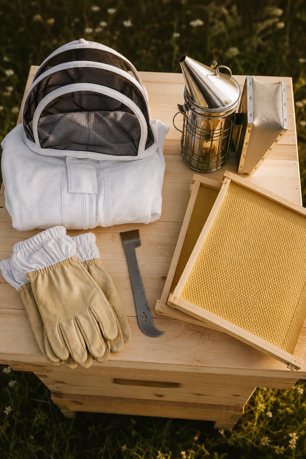 Beginner beekeeping kit laid out on a wooden hive box: folded bee suit, gloves, smoker and hive tool